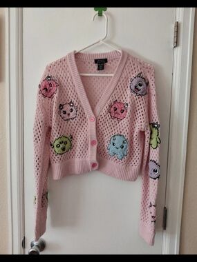 Sweet Society Pink Fuzzy Monsters Open Knit Cardigan Sweater Women's Size Small